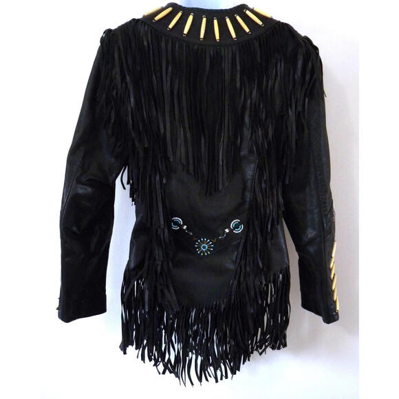A. M. Bernardo Women's Black Leather Beaded Fringe Hippie Motorcycle Jacket XS - Picture 8 of 9